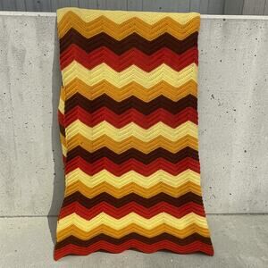 Vintage 1970s Chevron Crochet Afghan Blanket Earth Tone Zig Zag Throw